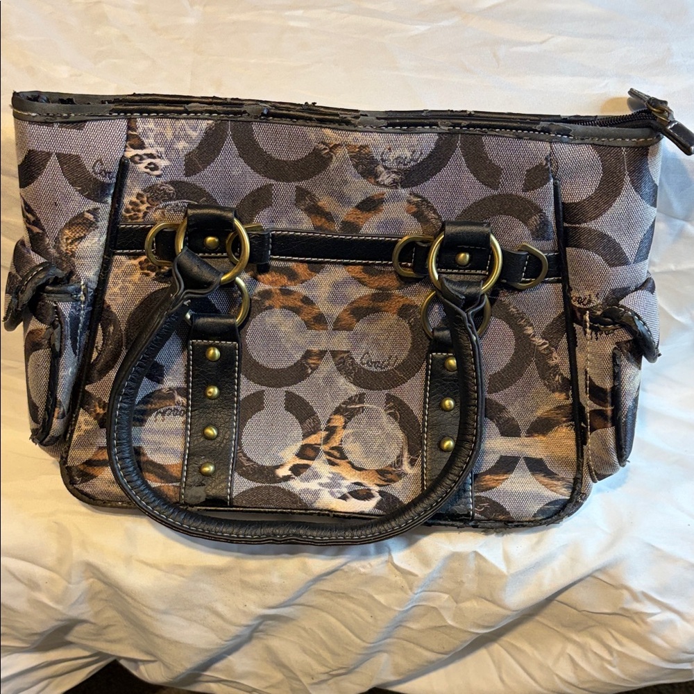 Coach Signature and Leopard Print Shoulder Bag - Black and Brown